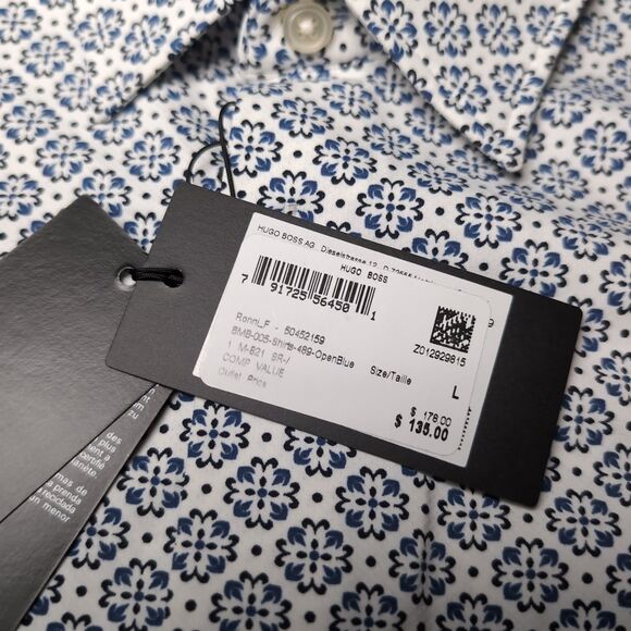 Hugo Boss White Blue Floral Button Down Long Sleeve Collar Shirt Large NWT - Picture 4 of 10